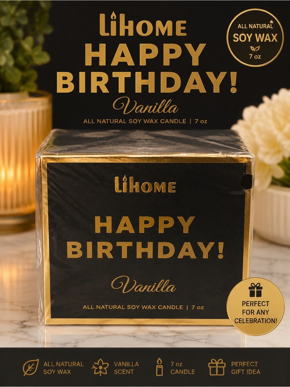iHome Black & Gold Happy Birthday Vanilla Scented Candle